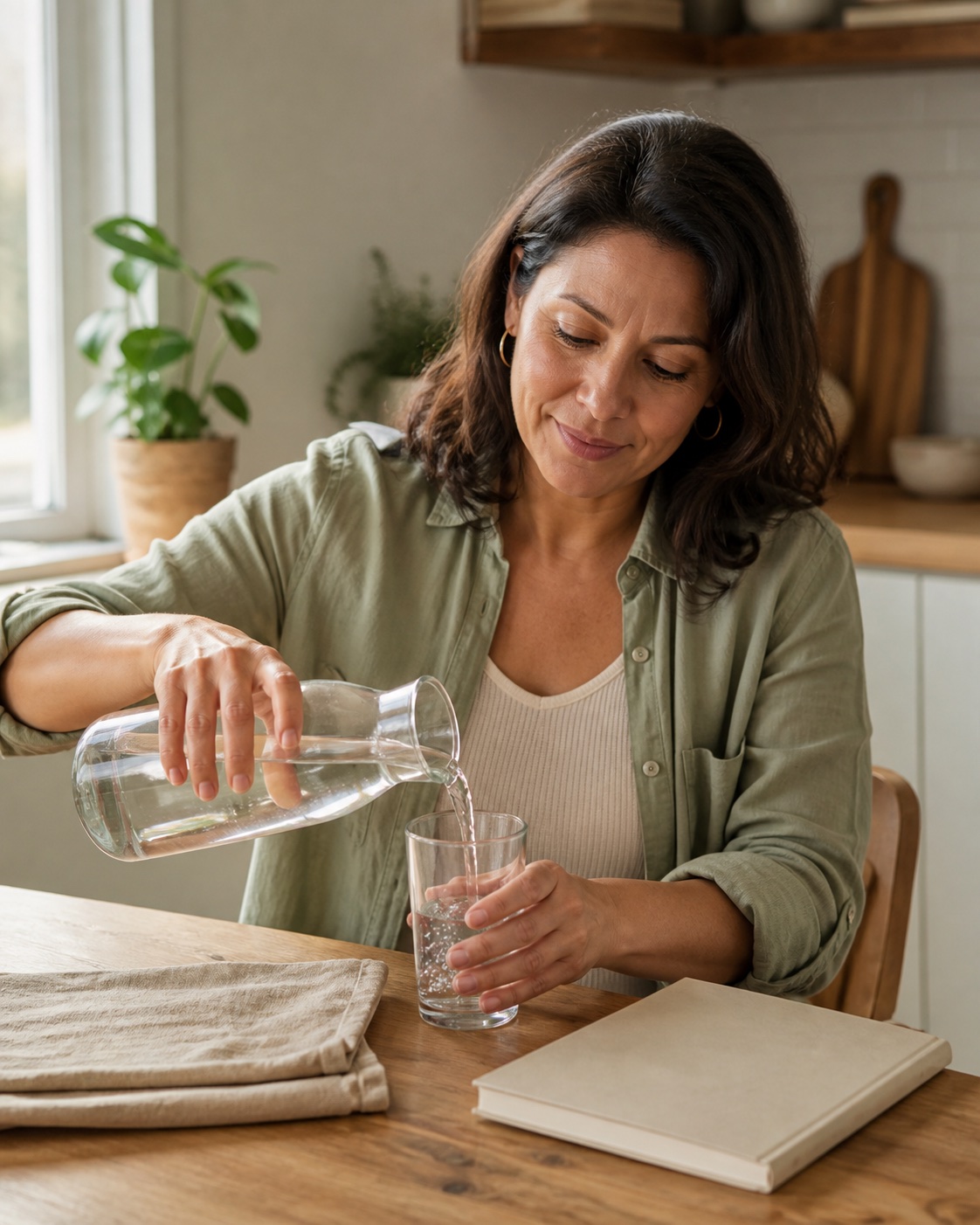 Persona adulta durante una rutina tranquila con agua en casa
